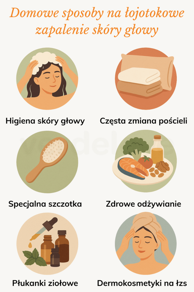 Domowe sposoby na lojotokowe zapalenie skory glowy Infografika przedstawiająca domowe sposoby na łojotokowe zapalenie skóry głowy.