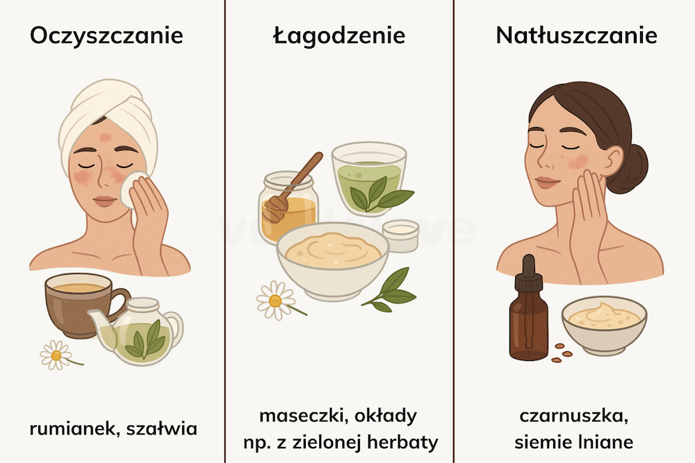 Infografika przedstawiająca domowe sposoby na łojotokowe zapalenie skóry.