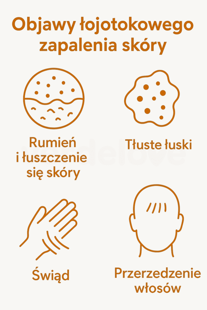 Infografika pokazująca objawy łojotokowego zapalenia skóry